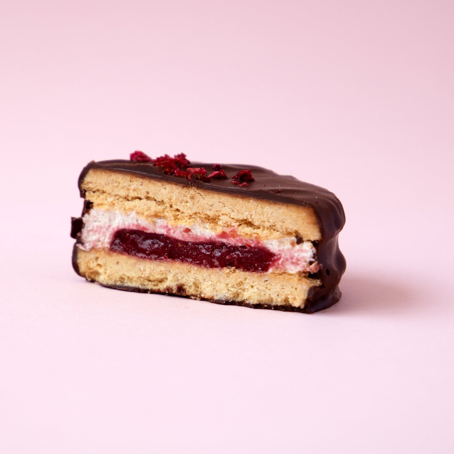 raspberry jam and marshmallow filled biscuits coated in chocolate